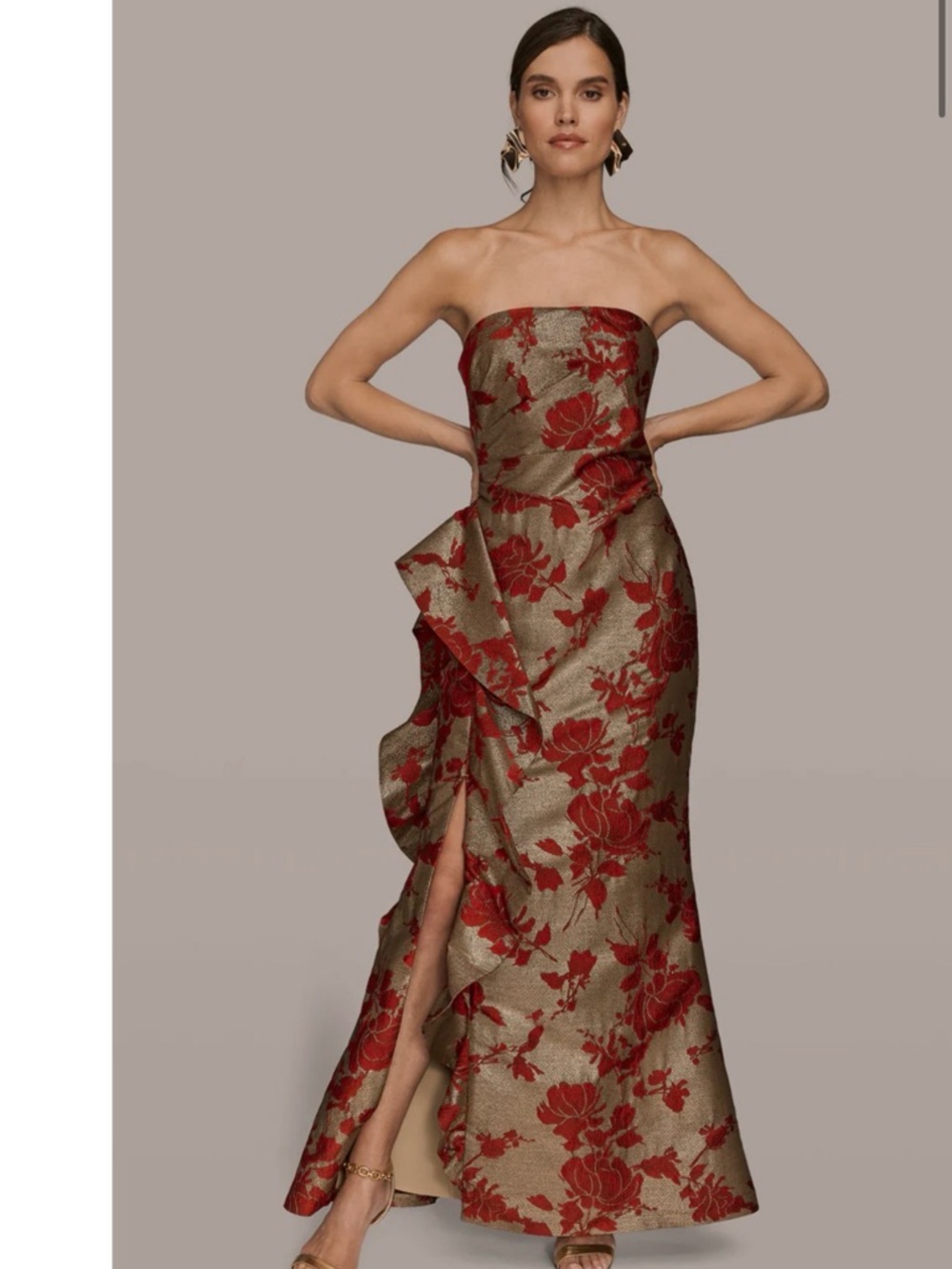 Donna Karan Strapless Gold and Red Floral Jacquard Gown